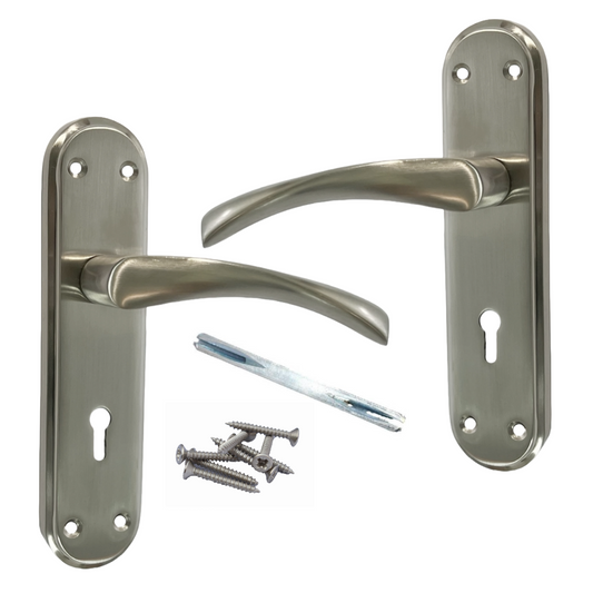 Poignées de porte Genova avec serrure à levier rotative satinée sur plaque arrière Marina moderne