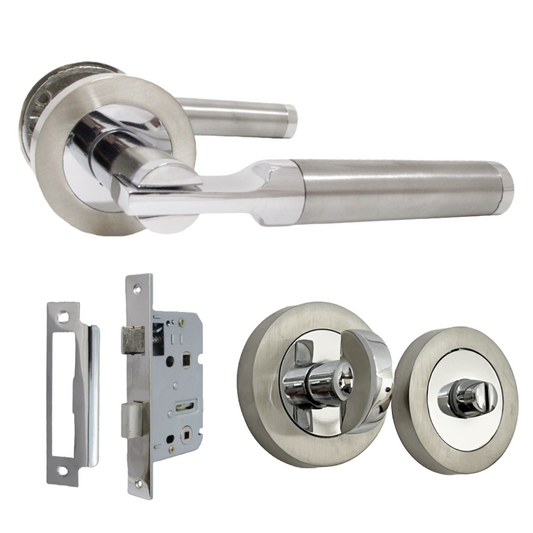 Poignées de porte Electra à levier sur rosace Duo - Chrome satiné, bouton de porte pour salle de bain, 140 mm