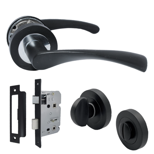 Poignées de porte Astrid à levier rotatif sur rosace Duo, noir mat, chrome, serrure à bouton pour salle de bain, 120 mm