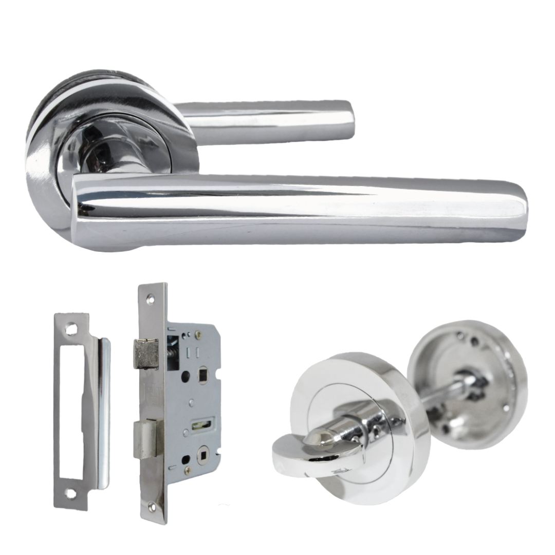 Poignées de porte en T à levier droit sur rosace pour salle de bain, bouton tournant et serrure - Chrome