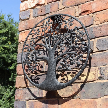 Silhouette d'arbre de vie rétroéclairée à l'énergie solaire - Décoration murale d'extérieur en métal