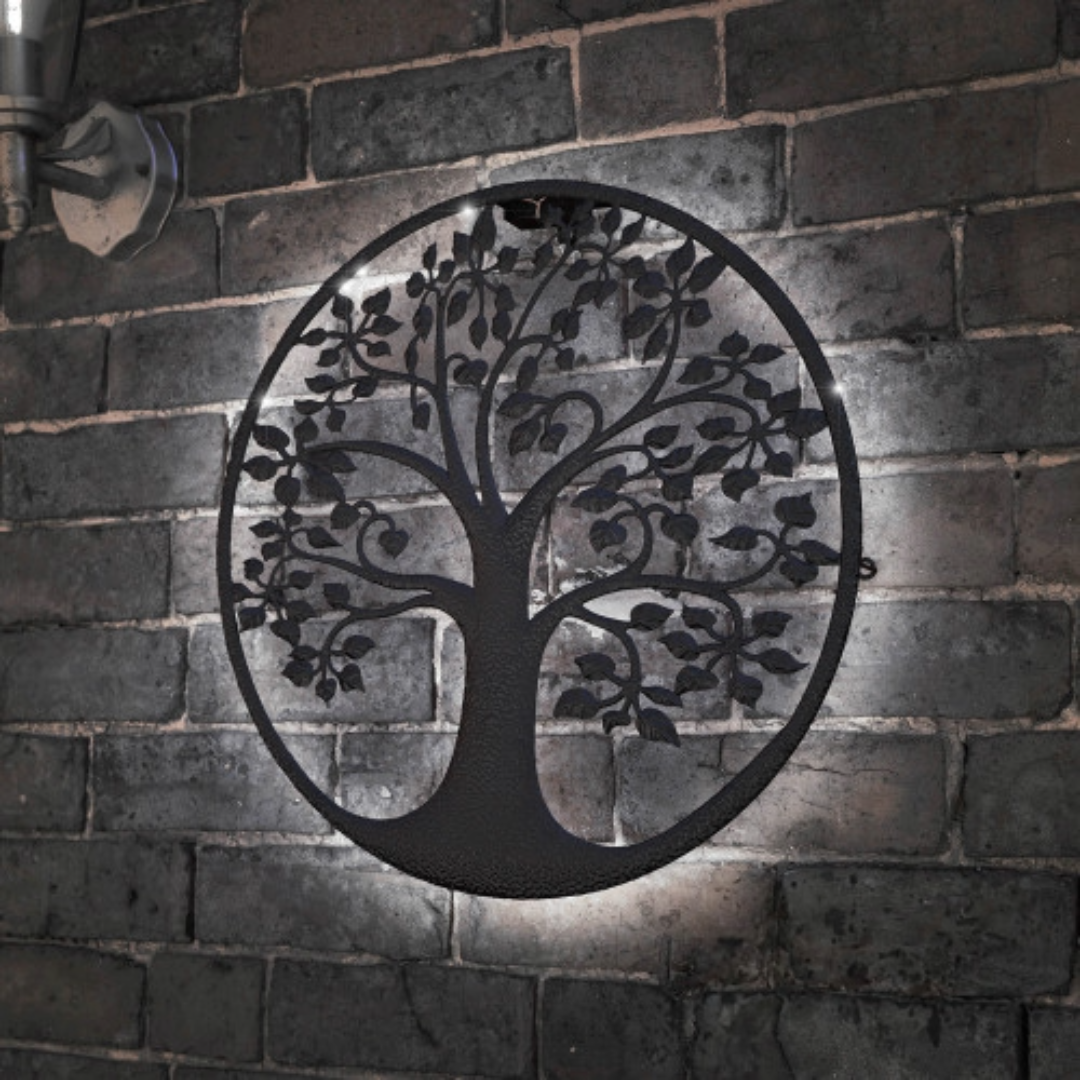 Silhouette d'arbre de vie rétroéclairée à l'énergie solaire - Décoration murale d'extérieur en métal