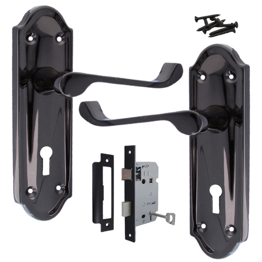 Poignée de porte Ashford avec serrure à clé et levier à défilement - Pack de serrures à clé en nickel noir