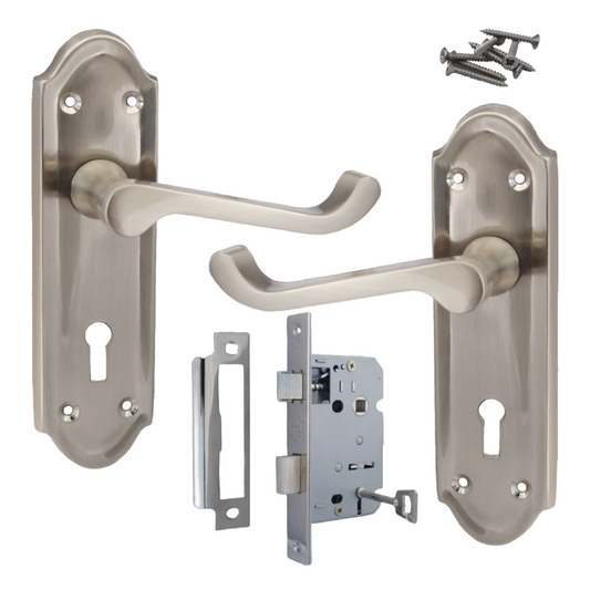 Poignée de porte Ashford avec serrure à clé et levier à défilement - Pack de serrures à clé satinées