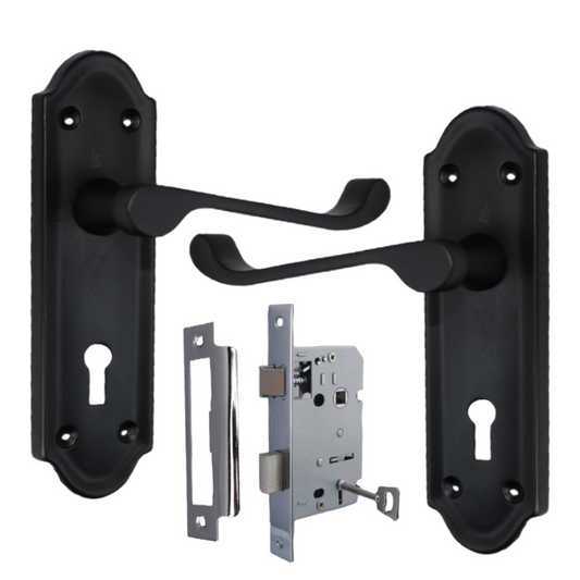 Poignée de porte Ashford avec serrure à clé et levier à défilement - Pack de serrures à clé chromées noir mat
